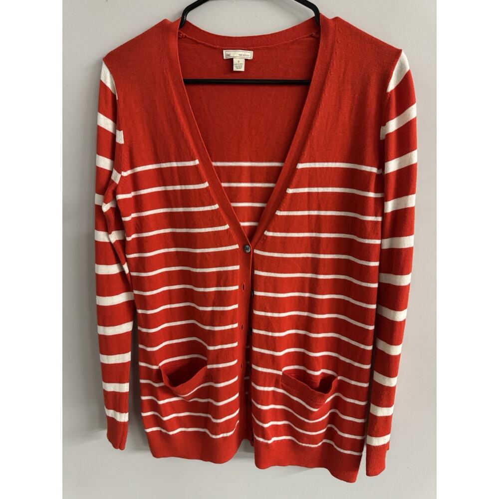 GAP Small Silk Blend Red White Striped Ultra Soft Button Cardigan Preppy